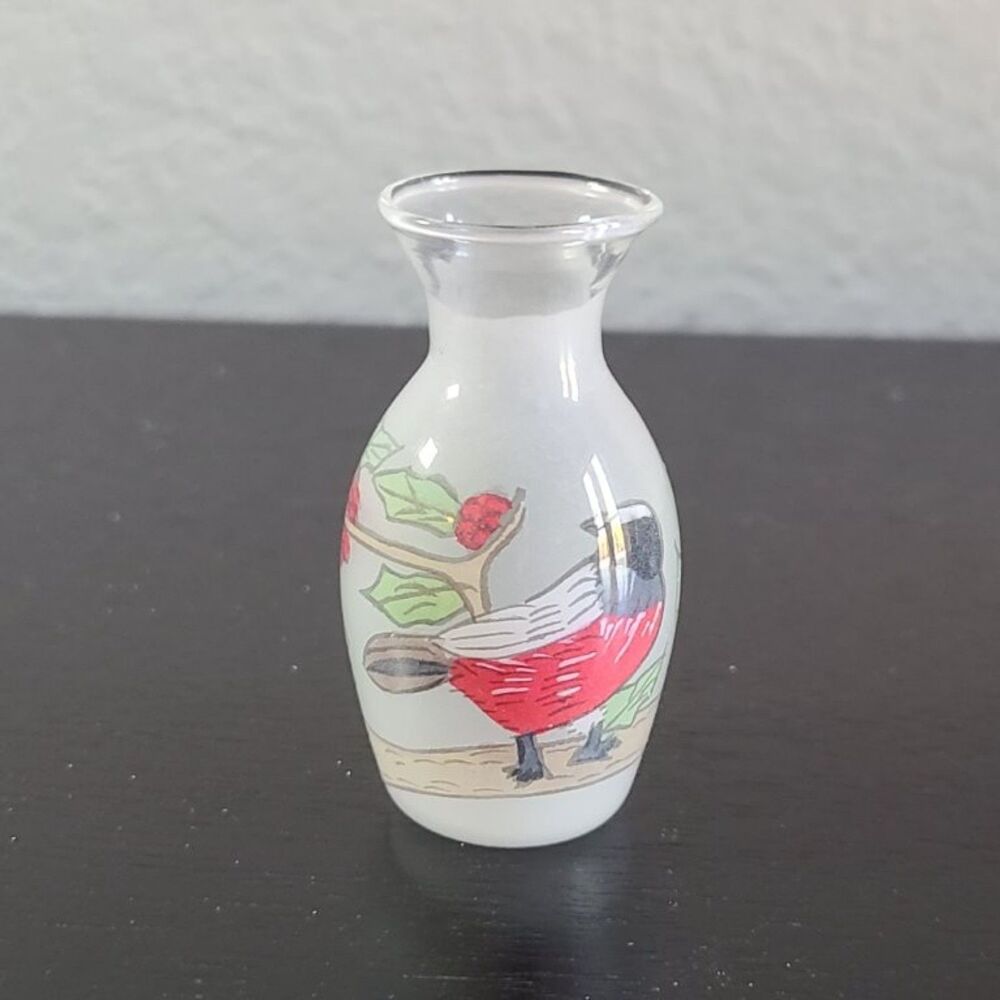 Bird Bud Vase Mini Hand Painted Asian Frosted Glass Holly Floral 2.25”
